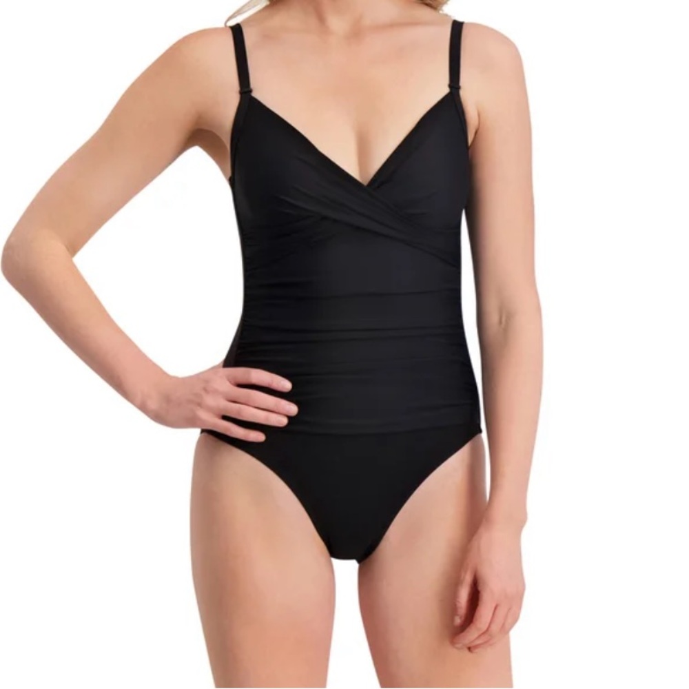 NWT DKNY Black One-Piece Swimsuit with Ruched Front